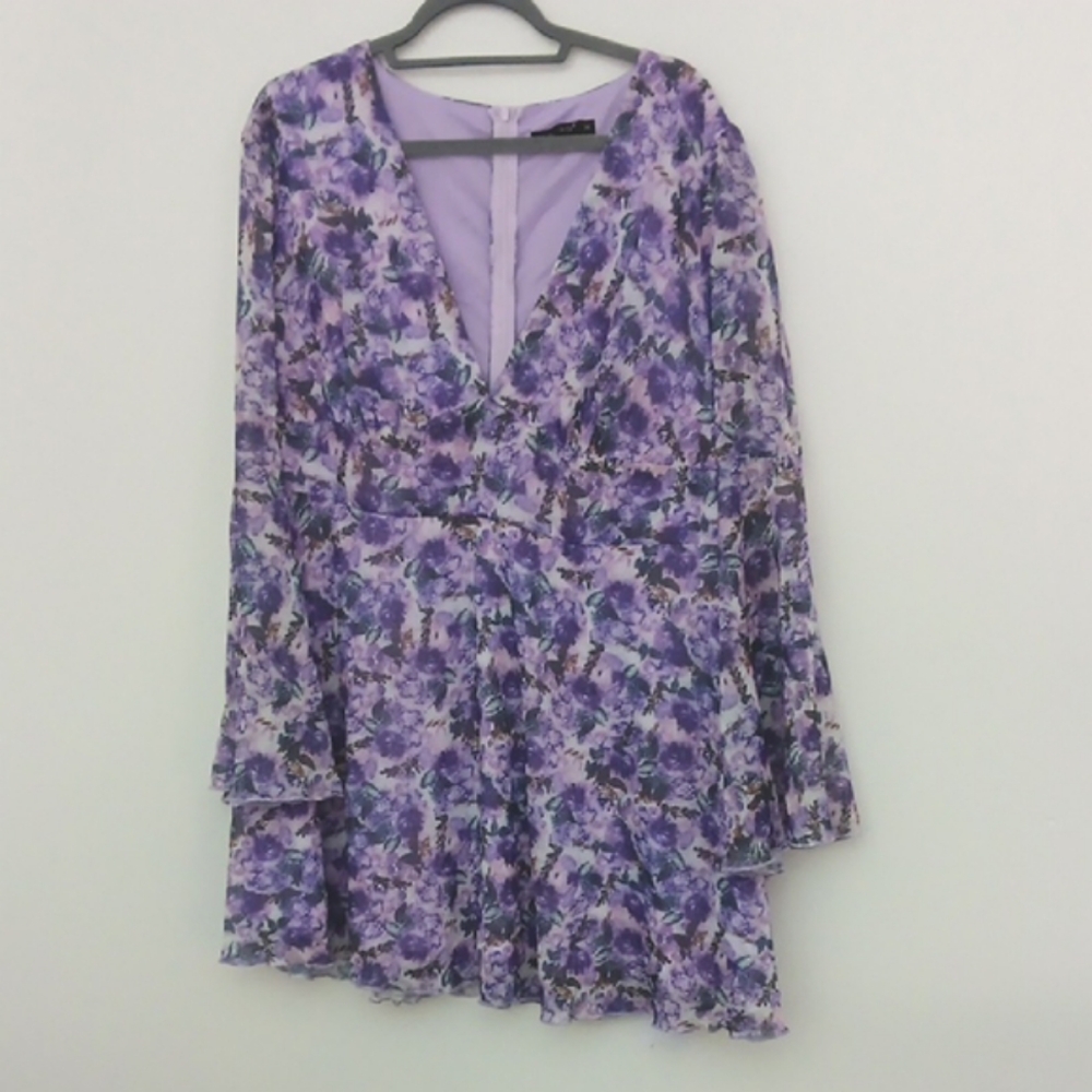Double Crazy Purple Floral‎ Dress Women's Size 2X Flutter Sleeves Babydoll Fairy